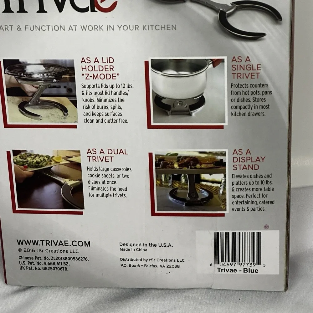 Trivae Multi-Use Lid Holder‎ Trivet and Display Stand Blue Silver Heat Resistant